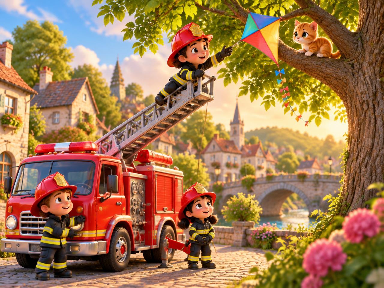 Illustrative cartoon scene: a tiny fire brigade rescuing a kite from a tree